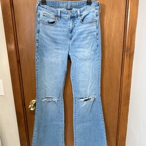 American Eagle Outfitters Light Blue Flare Jeans with Knee Rips